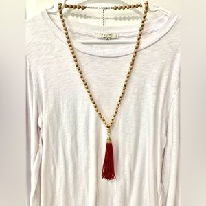 Burgundy / Maroon Tassel and Wood Bead Long Necklace
